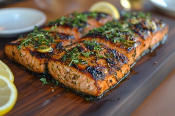 Poster - Grilled salmon fillets with thyme and lemon on wooden board