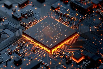 Poster - Modern cpu performing complex calculations with orange lights illuminating motherboard