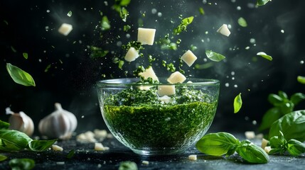 Sticker - A glass bowl filled with green pesto, featuring floating cheese cubes and fresh basil leaves, with garlic cloves in the background