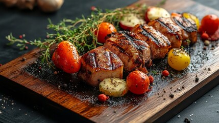 Sticker - A gourmet platter featuring grilled meats, cherry tomatoes, and fresh herbs arranged on a wooden board