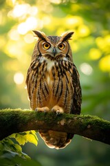 Wall Mural - Owl perching on mossy branch in lush forest