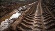 © DigitalSpace - A closeup of heavy machinery tracks embedded into a muddy patch with droplets of water collecting in the depressions highlighting the disturbance of the landscape and the temporary
