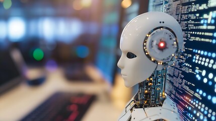 Leinwandbilder - Futuristic AI robot analyzing digital data interface in a modern technological workspace : Generative AI