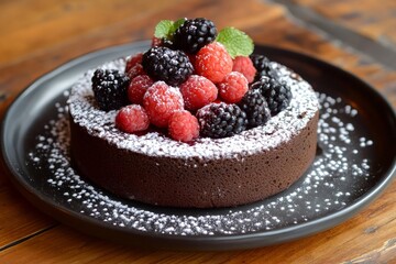 Wall Mural - Delicious chocolate cake with fresh raspberries and blackberries being served on a plate