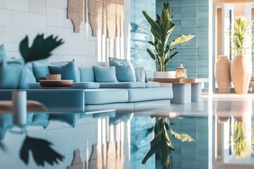 Wall Mural - A calming living area in pastel blue and gray with subtle reflective surfaces and soft textures