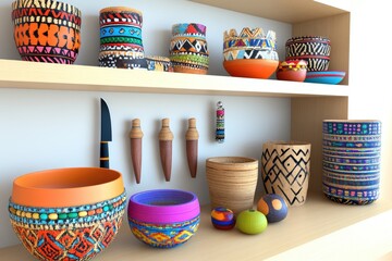 Sticker - Colorful Handcrafted Bowls and Containers on Wooden Shelves in a Bright Room