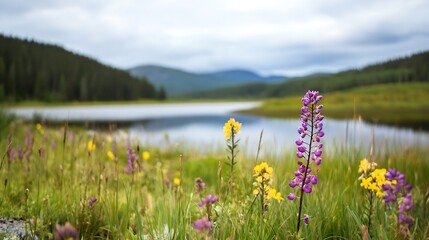 Poster - wildflowers in bloom by a lake in a mountainous region on a cloudy day : Generative AI