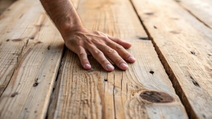 a closeup shot of a hand running over the surface of a reclaimed wood board fingers tracing over its