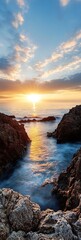 Poster - Dramatic Coastal Sunset with Golden Horizons and Glistening Ocean Waves by Jagged Rocks : Generative AI