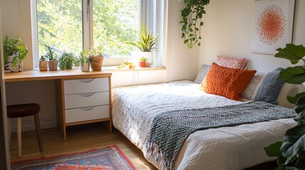 Poster - Cozy Light-filled Bedroom with Indoor Plants and Earthy Textiles for Relaxation : Generative AI
