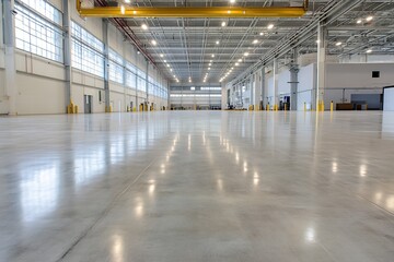 Aufkleber - Spacious industrial warehouse interior with polished concrete floors : Generative AI