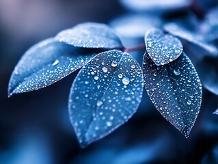 Aufkleber - Close-Up of Dew-Covered Blue Leaves in a Natural Setting at Dawn : Generative AI