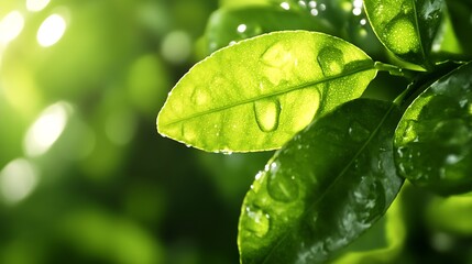 Poster - Close-up of Fresh Green Leaf with Raindrops in Sunlight : Generative AI