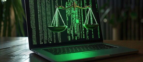 A laptop screen displaying the scales of justice made from green binary code, representing digital law and cyber intellectual property protection in an online platform for lawyer web design