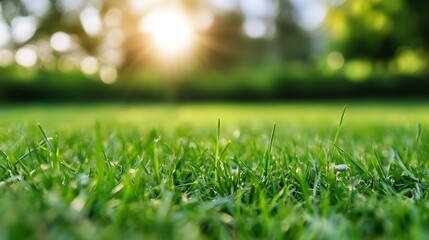 Poster - Lush Green Grass Field Bathed in Warm Glowing Sunlight Outdoors : Generative AI