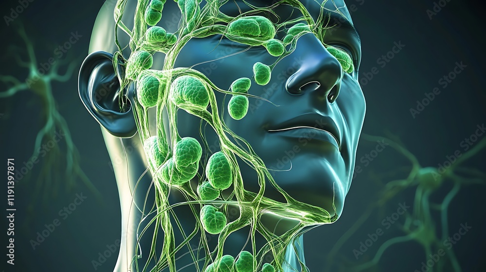 Artistic representation of the lymphatic system showing lymph nodes and ...