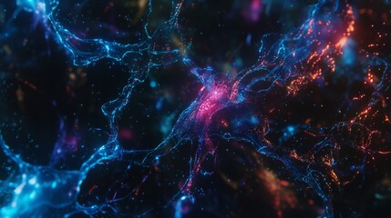 Cinematic macro image of luminous brain neurons in vibrant colors on a dark background