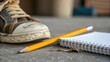 © DigitalSpace - Closeup of a childs worn shoe resting next to an unshard pencil and a frayed notebook highlighting the stark contrast between poverty and educations expectations.