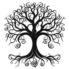 symmetrical vector drawing of world tree yggdrasil from norse mythology with lot of branches and roots viking art petroglyph art black vector white background spirals