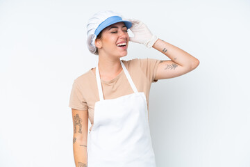 Wall Mural - fishmonger wearing an apron and holding a raw fish isolated on white background smiling a lot