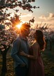 © Pixel Diversity - Young couple of man and woman standing close under a blooming cherry tree sunset white blossoms around in the sunlight made by generative ai valentines love heart valentine vector romantic day holiday