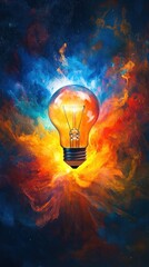 Wall Mural - Vivid lightbulb with colorful burst on soft gradient background