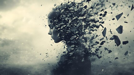 Poster - Ethereal Portrait of a Woman with Fragmenting Silhouette Depicting the Concept of Identity Dissolution and Emotional Turmoil in a Surreal Landscape