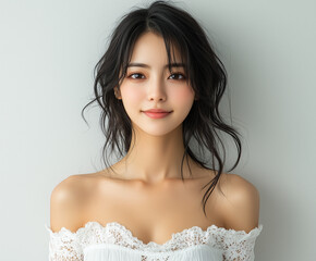 Wall Mural - Beautiful Korean woman with natural makeup and wavy hair posing against a light background in a lace top