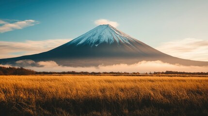 Wall Mural - Majestic snow capped volcano rising above autumnal grasslands