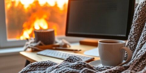 Poster - Cozy Home Office with Warm Light - Minimalist Workspace with Soft Textures