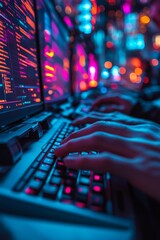 Poster - Cyberpunk Teamwork Hands Typing on Keyboards with Vibrant Neon Lights and Data Screens