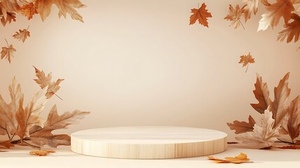 Poster - Wooden podium with autumn leaves, empty space for product display.