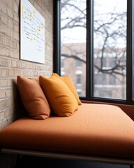 Aufkleber - Cozy Brainstorming Nook with Whiteboard and Orange Cushions