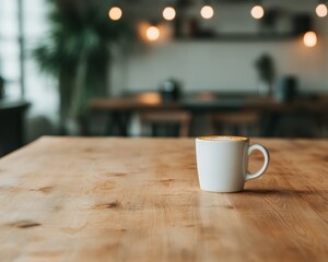 Aufkleber - Serene Workspace Ambiance Single Coffee Mug on Wooden Table
