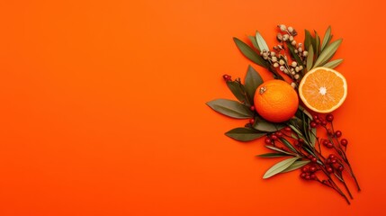 Wall Mural - Orange fruit with greenery red berries on orange background