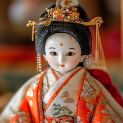 Close-up of an elegant porcelain doll in traditional Japanese attire, adorned with intricate details and a regal headdress.