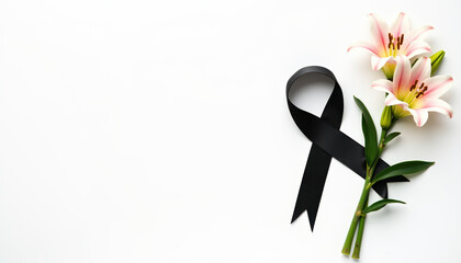 Fototapete - A minimalist banner featuring white lilies adorned with a black ribbon, designed for text placement in memory of the deceased at a memorial or funeral service.