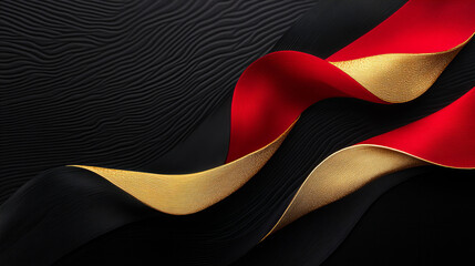 Wall Mural - Elegant display of fabric waves in black, red, and gold colors with a textured background