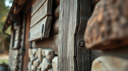 Wall Mural - Rustic Log Cabin Exterior: Weathered Wood and Stone Wall Texture. A detailed close-up showcasing the aged timber and stonework of a charming rustic cabin's exterior wall.