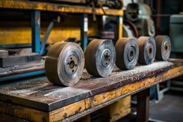 Wall Mural - Grinding wheels sitting on a workbench covered in metal dust in a mechanical workshop