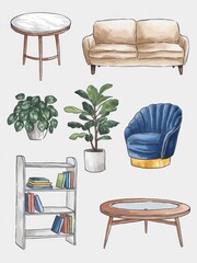 Canvas Print - Modern Living Room Furniture and Plants Illustration