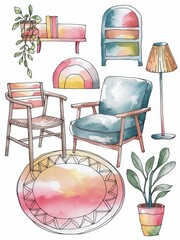 Canvas Print - Watercolor Illustration of Cozy Living Room Decor Elements