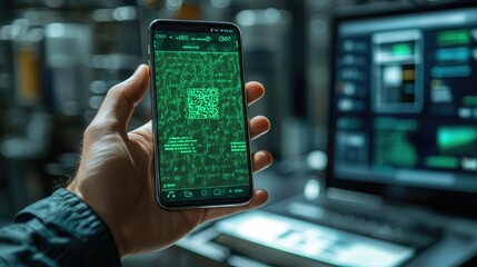 A hand holds a smartphone displaying a QR code and green code