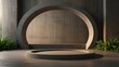 © Jahanzaib - 3d render of empty concrete room with large circle window and round podium for product presentation on nature background.