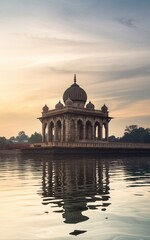 Wall Mural - Sunrise over tranquil water reflecting ancient temple.