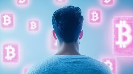Aufkleber - Modern Man Engaged with Bitcoin Symbols in Futuristic Digital Setting