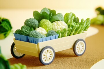 Wall Mural - Wooden wheelbarrow filled with fresh vegetables on a warm brown path surrounded by greenery