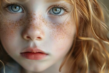 Close up portrait of a child with captivating blue eyes, freckles, and beautiful reddish hair