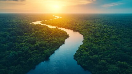 Wall Mural - Sunset over a tranquil river with lush vegetation and vibrant sky