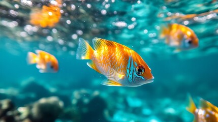 Wall Mural - Colorful tropical fish swimming in clear ocean water near coral reef at midday